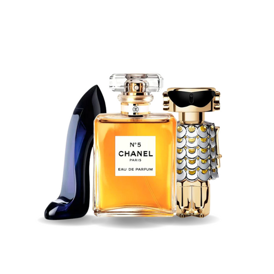 PACK MIT 3 PARFUMS: CAROLINA HERRERA GOOD GIRL, CHANEL Nº5, PACO RABANNE FAME (EAU DE PARFUM)